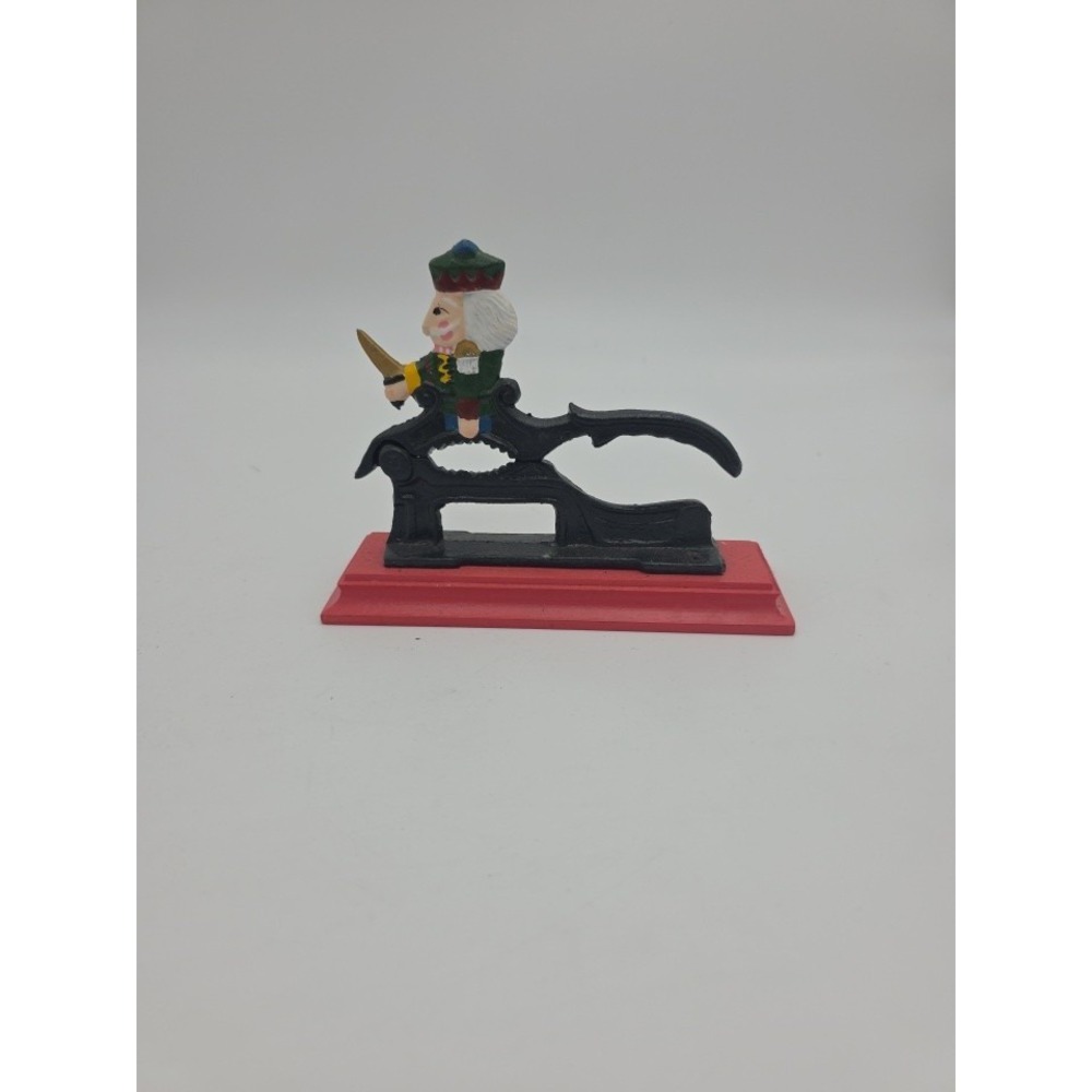 Vintage Cast Iron Soldier Nutcracker Mounted On Red Wooden Base Nut Cracker